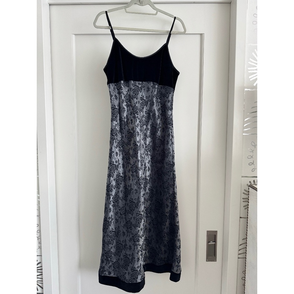 Vintage Jones NY Metallic Floral Velvet Trim Midi Dress Black Silver Large